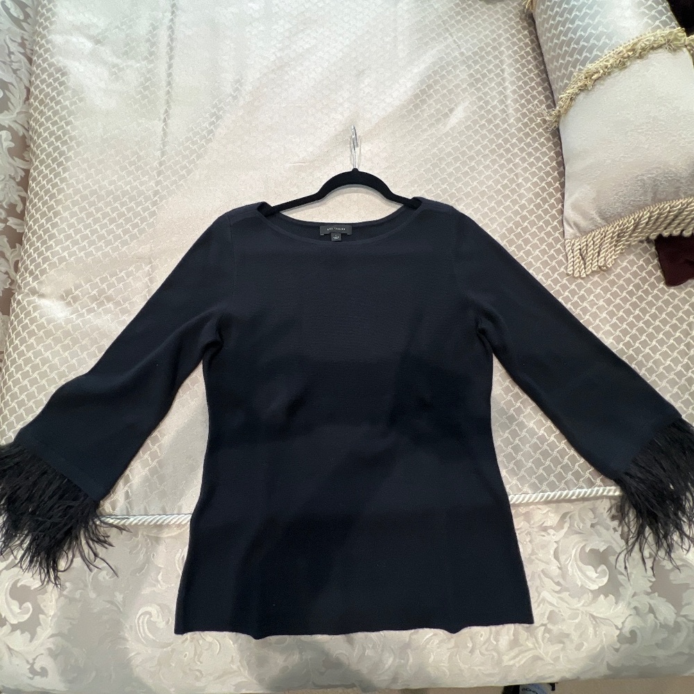 Preowned Ann Taylor black sweater w feather sleeve trim size large